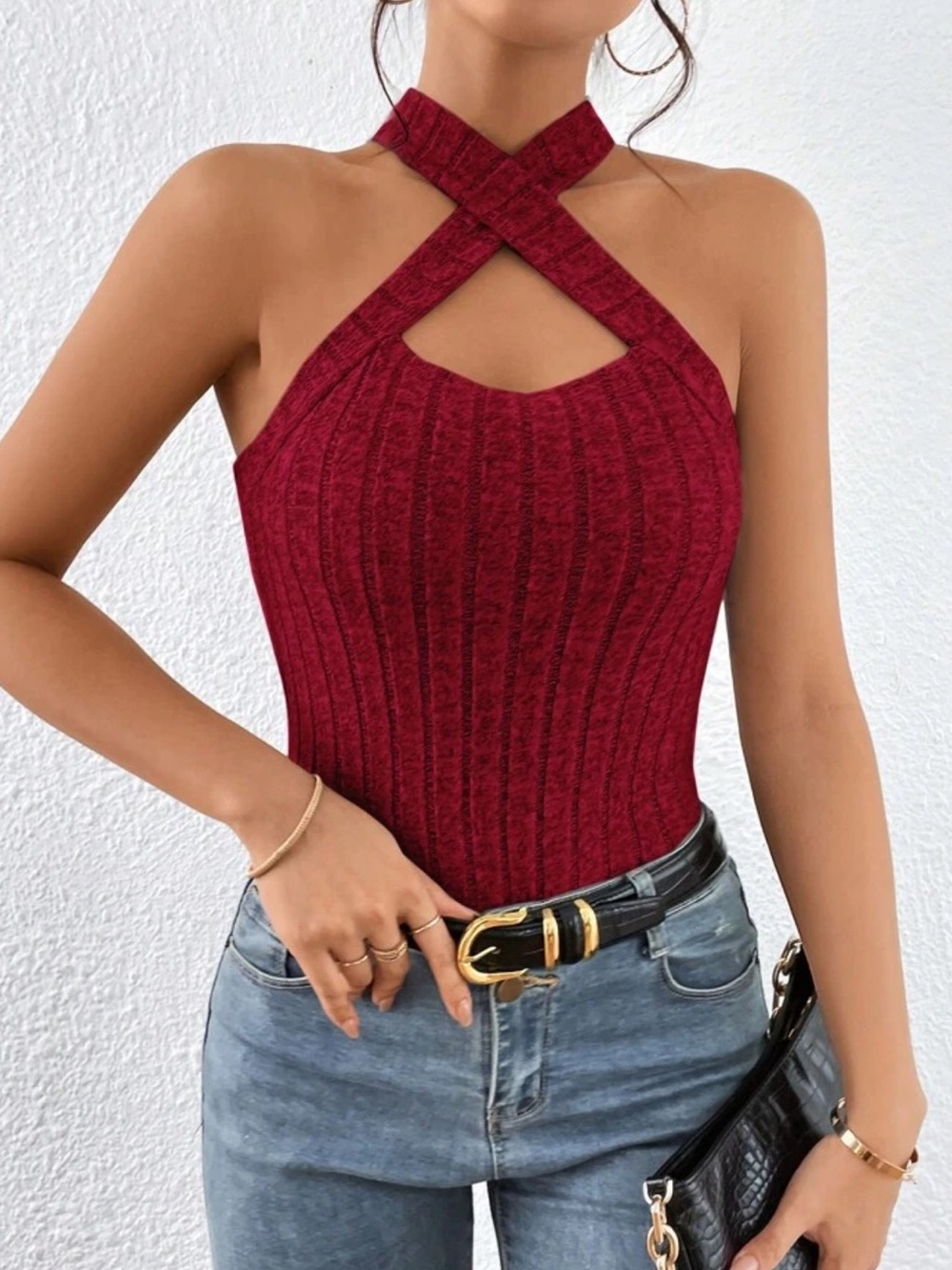 Burgundy Criss Cross Halter Top Ribbed Knit Cutout Tank